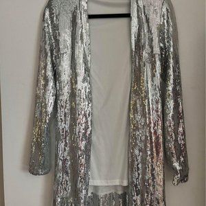 Fringe Sequin Jacket Silver Reflective Long-sleeved Coat, Size S